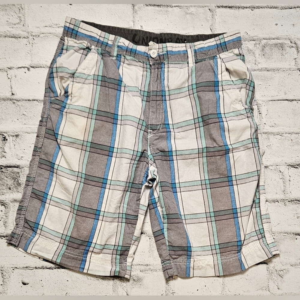 Unionbay Mens Plaid Shorts Size 34 Gray Blue Casual Summer Flat Front
